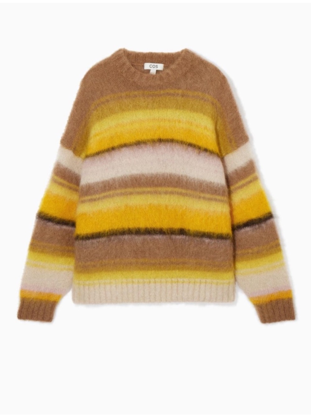 NWOT COS Striped Brushed Mohair Chunky Crewneck Sweater 70s Yellow Brown Size XS